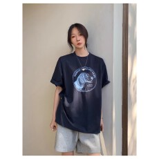 批发韩国大码女装纯棉210克100%棉女夏装慵懒<b class='q'>宽松</b>百搭印花短袖T恤韩系