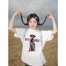 批发韩国大码女装纯棉210克100%棉女夏装慵懒<b class='q'>宽松</b>百搭印花短袖T恤韩系