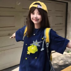 批发韩国大码女装纯棉210克100%棉女夏装慵懒<b class='q'>宽松</b>百搭印花短袖T恤韩系