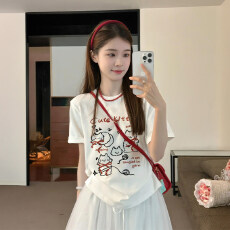 批发韩国大码女装纯棉210克100%棉女夏装慵懒<b class='q'>宽松</b>百搭印花短袖T恤韩系