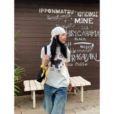 批发韩国大码女装纯棉210克100%棉女夏装慵懒<b class='q'>宽松</b>百搭印花短袖T恤韩系