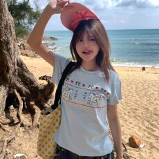 批发韩国大码女装纯棉210克100%棉女夏装慵懒<b class='q'>宽松</b>百搭印花短袖T恤韩系