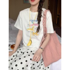 批发韩国大码女装纯棉210克100%棉女夏装慵懒<b class='q'>宽松</b>百搭印花短袖T恤韩系