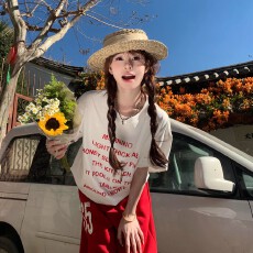 批发韩国大码女装纯棉210克100%棉女夏装慵懒<b class='q'>宽松</b>百搭印花短袖T恤韩系