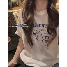 批发韩国大码女装纯棉210克100%棉女夏装慵懒<b class='q'>宽松</b>百搭印花短袖T恤韩系
