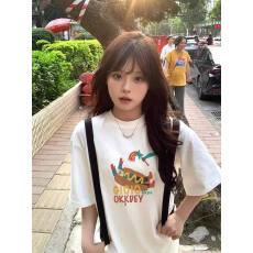 批发韩国大码女装纯棉210克100%棉女夏装慵懒宽松百搭印花短袖T恤韩系