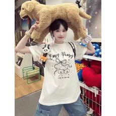 批发韩国大码女装纯棉210克100%棉女夏装慵懒宽松百搭印花短袖T恤韩系