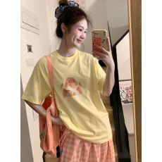 批发韩国大码女装纯棉210克100%棉女夏装慵懒宽松百搭印花短袖T恤韩系