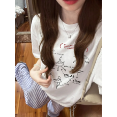 批发韩国大码女装纯棉210克100%棉女夏装慵懒宽松百搭印花短袖T恤韩系