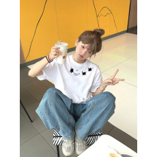 批发韩国大码女装纯棉210克100%棉女夏装慵懒宽松百搭印花短袖T恤韩系