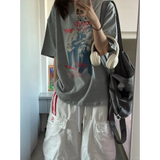 批发韩国<b class='q'>大</b>码女装纯棉210克100%棉女夏装慵懒宽松百搭印花短袖T恤韩系