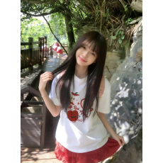 批发韩国<b class='q'>大</b>码女装纯棉210克100%棉女夏装慵懒宽松百搭印花短袖T恤韩系