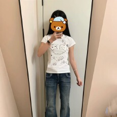 批发纯棉220克40支食毛+手感有弹力印花修身收腰<b class='q'>短袖</b>t恤女T恤韩系短款