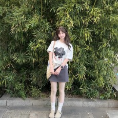 批发韩国<b class='q'>大</b>码女装纯棉210克100%棉女夏装慵懒宽松百搭印花短袖<b class='q'>T</b><b class='q'>恤</b>韩系