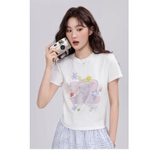 批发40支220克精梳92%棉+8%氨纶后包领<b class='q'>修身</b>显瘦正肩短袖t恤女辣妹短款