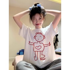 批发韩国<b class='q'>大</b>码女装纯棉210克100%棉女夏装慵懒宽松百搭印花短袖<b class='q'>T</b><b class='q'>恤</b>韩系