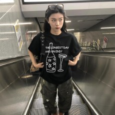 批发韩国<b class='q'>大</b>码女装纯棉210克100%棉女夏装慵懒宽松百搭印花短袖<b class='q'>T</b><b class='q'>恤</b>韩系