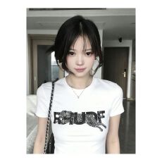 批发40支220克精梳92%棉+8%氨纶后包领<b class='q'>修身</b>显瘦正肩短袖t恤女辣妹短款