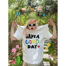 批发<b class='q'>韩国</b>大码女装纯棉210克100%棉女夏装慵懒宽松百搭印花短袖T恤韩系