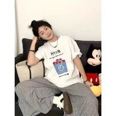 批发<b class='q'>韩国</b>大码女装纯棉210克100%棉女夏装慵懒宽松百搭印花短袖T恤韩系
