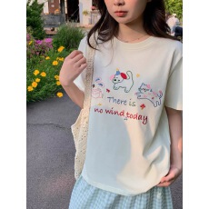 批发<b class='q'>韩国</b>大码女装纯棉210克100%棉女夏装慵懒宽松百搭印花短袖T恤韩系