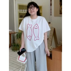 批发<b class='q'>韩国</b>大码女装纯棉210克100%棉女夏装慵懒宽松百搭印花短袖T恤韩系