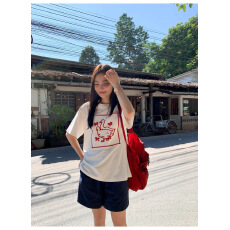 批发韩国<b class='q'>大</b>码<b class='q'>女</b>装纯棉210克100%棉<b class='q'>女</b>夏装慵懒宽松百搭印花短袖T恤韩系