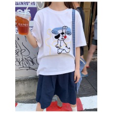 批发韩国<b class='q'>大</b>码<b class='q'>女</b>装纯棉210克100%棉<b class='q'>女</b>夏装慵懒宽松百搭印花短袖T恤韩系