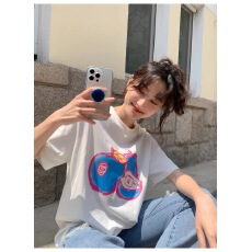 批发韩国<b class='q'>大</b>码<b class='q'>女</b>装纯棉210克100%棉<b class='q'>女</b>夏装慵懒宽松百搭印花短袖T恤韩系