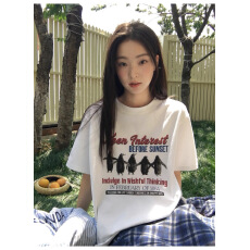 批发韩国<b class='q'>大</b>码<b class='q'>女</b>装纯棉210克100%棉<b class='q'>女</b>夏装慵懒宽松百搭印花短袖T恤韩系