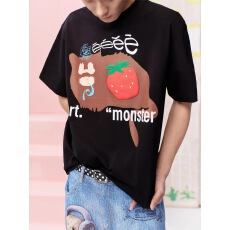 批发韩国<b class='q'>大</b>码<b class='q'>女</b>装纯棉210克100%棉<b class='q'>女</b>夏装慵懒宽松百搭印花短袖T恤韩系