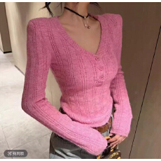 批发纯欲风玫红色2025秋冬新款<b class='q'>时尚</b>韩系百搭显瘦V领针织气质上衣女装