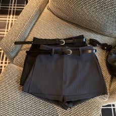 批发灰色条纹西装阔腿裤女秋冬新款高腰A字休闲短裤小个子辣妹腰带裤