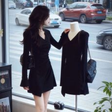 批发徳绒长袖连衣裙褶皱V领女神<b class='q'>显瘦</b>时尚连衣裙2025新法式小个子