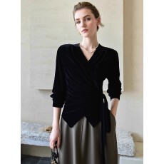 批发预12/5韩国绒法式黑色V领长袖丝绒<b class='q'>衬衫</b>复古绑带<b class='q'>气质</b>显瘦上衣