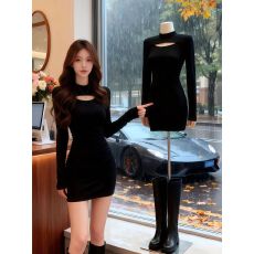 批发预12/12【德绒1*1】镂空半高领长袖连衣裙女设计修身褶皱<b class='q'>包臀</b>短裙