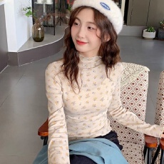 批发预12/10徳绒1*1<b class='q'>大码</b>女保暖木耳边长袖T恤碎花<b class='q'>打底衫</b>宽松上衣