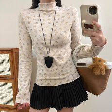 批发预12/10【徳绒1*1】<b class='q'>大码</b>女保暖木耳边长袖T恤碎花<b class='q'>打底衫</b>宽松上衣