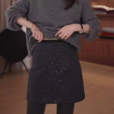 批发毛呢+撒银 秋冬2025新大码胖mm毛呢<b class='q'>半身裙</b>女高腰遮跨a字包臀短裙
