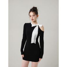 批发徳绒1*1+四面弹露肩蝴蝶结长袖<b class='q'>连衣</b>裙女秋冬小黑裙