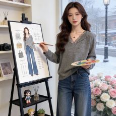 德绒1*1大码V领蕾丝拼接宽松打底衫长袖T恤秋冬上衣