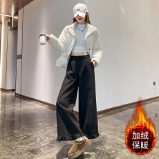 批发徳绒复合真超/有口袋加绒加厚阔腿裤秋冬花边拼<b class='q'>九分裤</b>