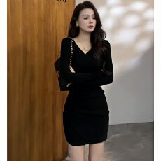 批发预12/31【徳绒1*1】秋冬新款v领长袖辣妹连衣裙修身紧身显瘦打底