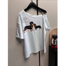 26支纯棉 美式纯欲小狗印花斜肩短袖T恤宽松纯棉一字肩露肩上衣