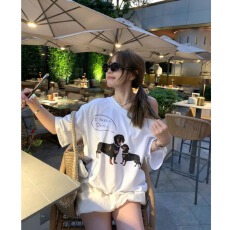 26支纯棉 美式纯欲小狗印花斜肩短袖T恤宽松纯棉一字肩露肩上衣