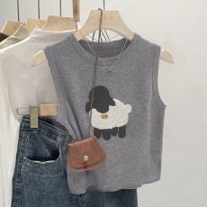 批发40支纯棉小羊植绒绣短款背心女夏季2026新款设计感小众无袖上衣