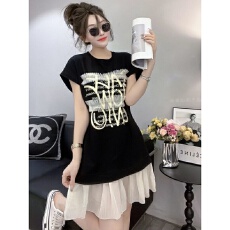 批发26支纯棉 大码撞色拼接中长款上衣女夏季宽松显瘦字母印花T恤裙