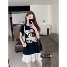 批发26支纯棉 大码撞色拼接中长款上衣女夏季宽松显瘦字母印花T恤裙