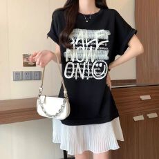 批发26支纯棉 撞色拼接假两件中长款上衣女夏宽松显瘦字母印花T恤裙