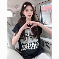 批发26支纯棉 撞色拼接假两件中长款上衣女夏宽松显瘦字母印花T恤裙